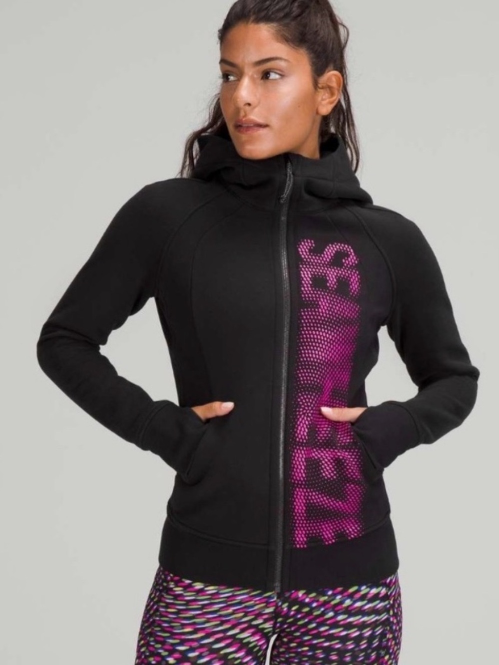 lululemon seawheeze scuba hoodie, black with pink text, size 12
